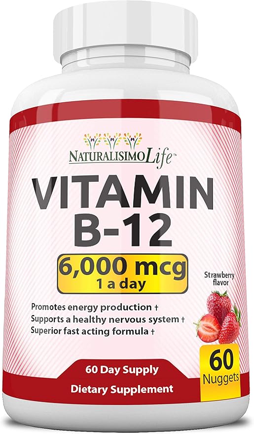 Vitamin B12 6,000 mcg Maximum Strength Fast Acting Formula Strawberry Flavor Nuggets Promotes Energy Production Supports The Nervous System 60 Nuggets Once a Day