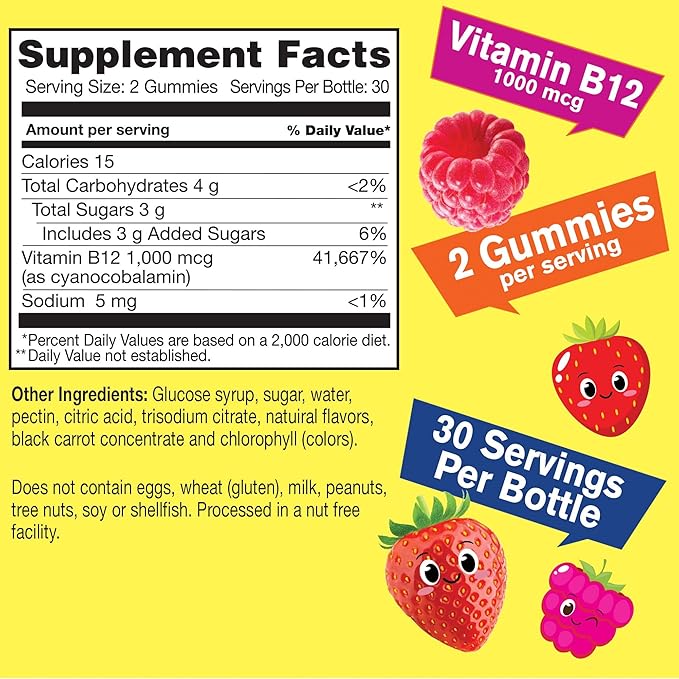 Vitamin B12 Gummies for Kids - Boost Energy, Improve Brain Function, and Strengthen Immune System - Non-GMO, Gluten-Free - Great Tasting Berry Flavor - Easy to Chew - 60 Gummies