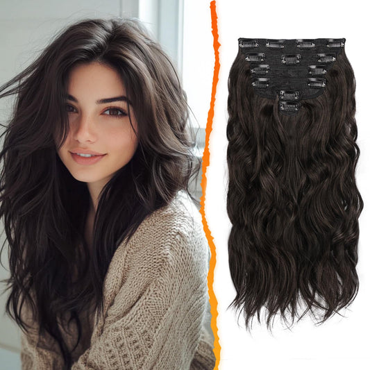 BARSDAR Brown Clip in Hair Extensions - 16 Inch Wavy Clip in Hair Extensions for Women - 6PCs Full Head Thick Soft Synthetic Clip in Hairpieces Daily Party Halloween- Dark Brown