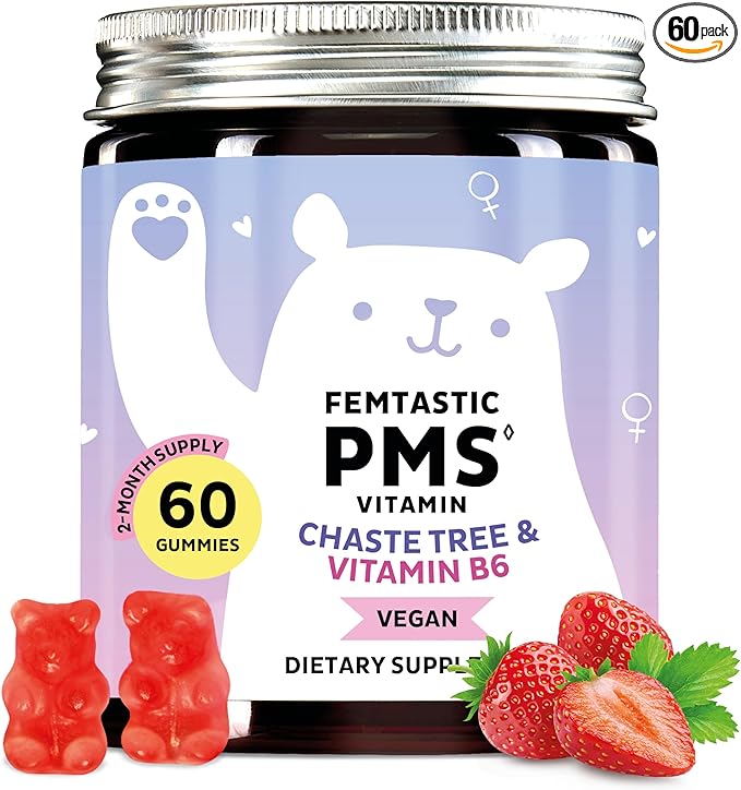 PMS Support Supplement for Women. Menstrual Relief Gummies to Target Hormonal Breakouts, Bloating, Period Cramps, & Mood Swings. Vegan, with Vitamin B6 & Lemon Balm, 60 Gummies