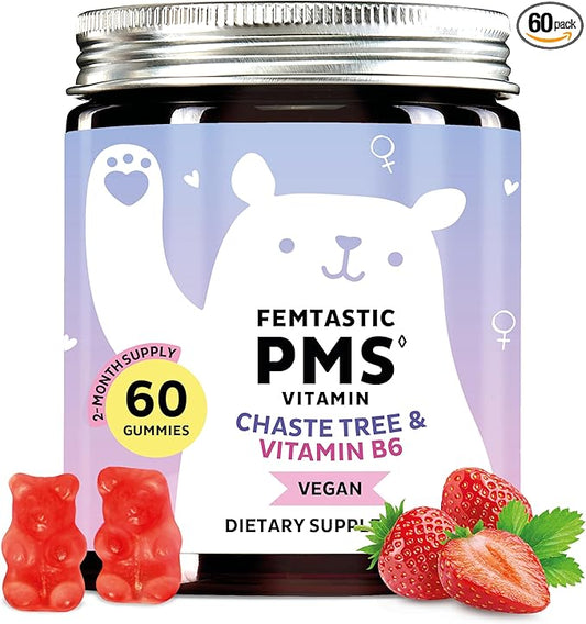 PMS Support Supplement for Women. Menstrual Relief Gummies to Target Hormonal Breakouts, Bloating, Period Cramps, & Mood Swings. Vegan, with Vitamin B6 & Lemon Balm, 60 Gummies
