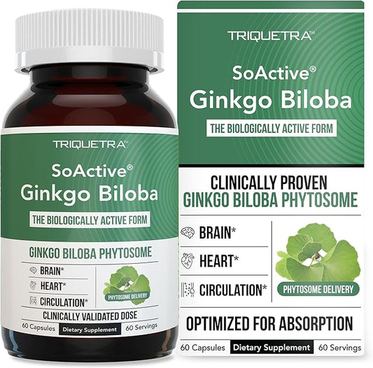 SoActive Ginkgo Biloba | Clinically Proven Ginko Biloba Phytosome - 300% Better Absorption - 180 mg Dose - Brain, Heart, Mood & Memory Support Supplement - Optimized for Active Nutrients (60 capsule)