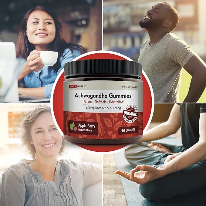 KSM-66 Ashwagandha Gummies - 600mg Organic Root Extract per Serving - Delicious Natural Apple-Berry Flavor | Supports Relaxation, Focus, & Energy (60 Gummies)