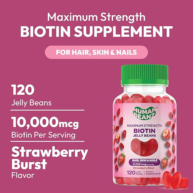 Biotin Jelly Bean Gummy Vitamins, Max Strength Biotin for Hair, Skin and Nails, 10000mcg per Serving, Hair Growth Vitamins for Men and Women, 120 Strawberry Blast Jelly Beans, Kosher