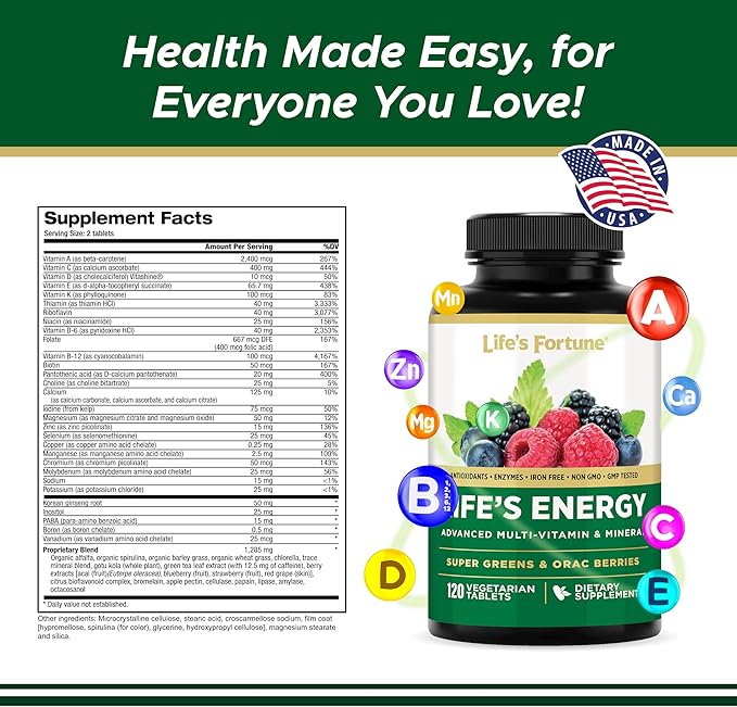 Life's Fortune Life's Energy Advanced Multi-Vitamin and Mineral for Men & Women, Non-GMO - Super Greens - ORAC Berries - AntiOxidants - Enzymes - Iron Free - GMP Tested, 120 Veggie Tablets