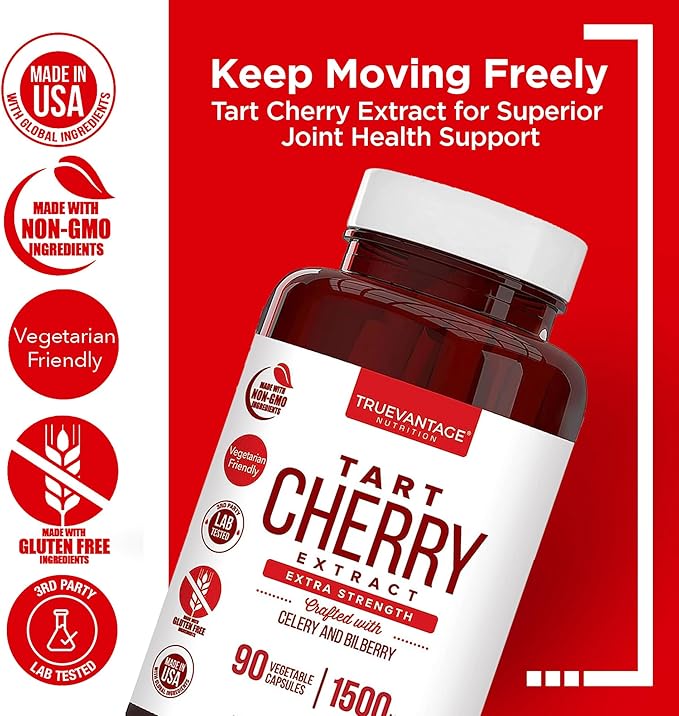 Tart Cherry Extract Capsules with Celery Seed Extract and Bilberry for Joint Support, Muscle Recovery, and Uric Acid Flush Support, Made in The USA - 90 Tart Cherry Capsules