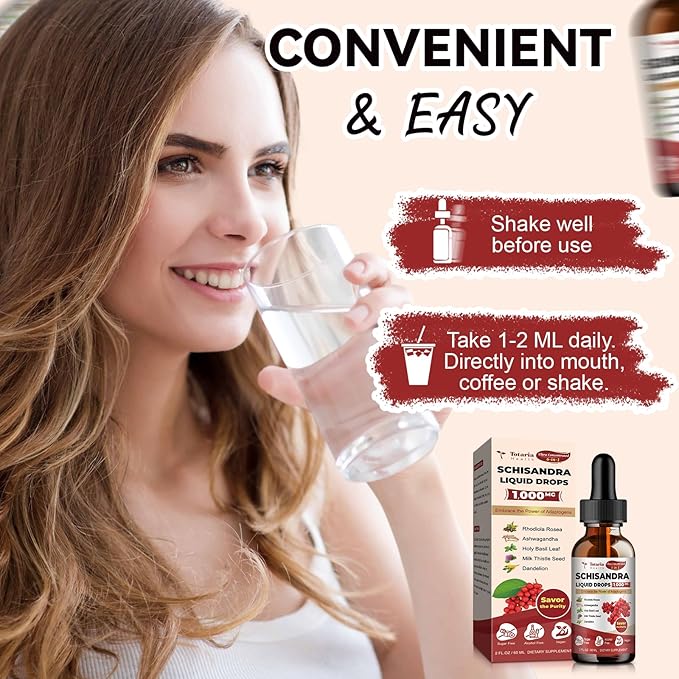 Schisandra Supplement 6-in-1 Schisandra Berry Drops with Rhodiola Rosea, Ashwagandha, Holy Basil, Milk Thistle, Dandelion Root Adaptogen for Mood Stress Liver Health 2Fl.Oz