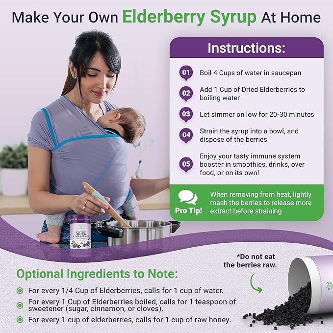 USDA Organic Dried Elderberries 1lb Bulk (Safest Packaging, Resealable Bag, BPA-Free Scoop) Natural, non-irradiated, Raw Whole Black Elderberry, Immune Support, Make Sambucus Elderberry Syrup, 1 Pound