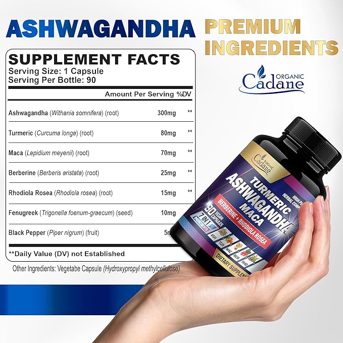 Organic Cadane Ashwagandha Supplements - Memory, Immune System & Strength Support - 7in1 Concentrated with Turmeric, Maca Root, Berberine & More - 90 Vegan Capsules for 3-Month Supply