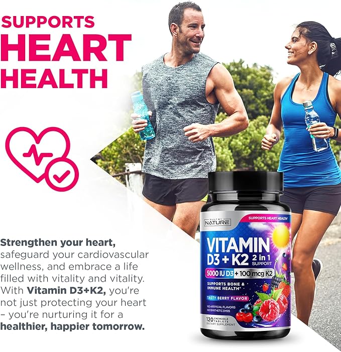 Vitamin D3 K2 – Chewable Vitamin D 5000 IU & K2 MK-7 100 mcg – 2 in 1 Vitamin D K2 Supplement Chews - Immune, Heart, & Bone Support – Non GMO - Tasty Berry Flavor - 120 Chewable Tablets