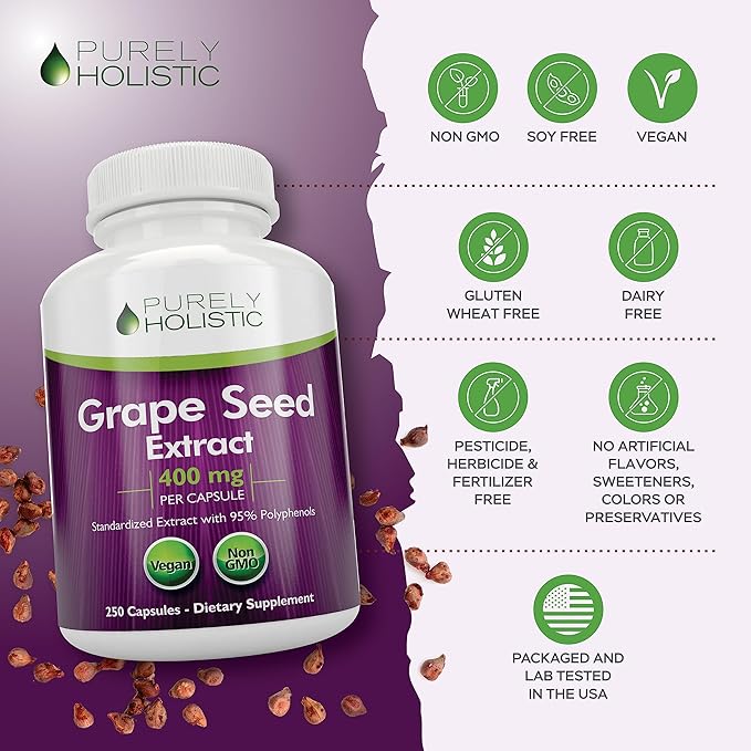 Purely Holistic Grape Seed Extract 20,000mg - 250 Vegan Capsules - 8+ Month Supply - Standardized to 95% Polyphenols - 400 mg per Capsule - Maximum Strength Grapeseed - Non-GMO & Pesticide Free