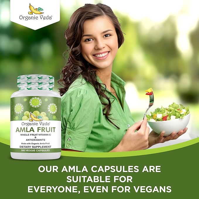 Organic Veda Amla Capsules - 1500mg, 300 Capsules Organic Whole Fruit Amla Powder - Natural Vitamin C for Immunity, Skin Radiance, Antioxidants - Vegan, Non GMO, Raw Vitamin C Supplements