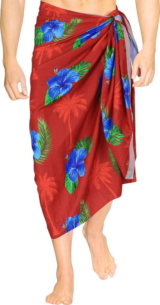 LA LEELA Men's Pareo Sarong Swim Pareo Beach Wraps One Size Red Hibiscus Palm