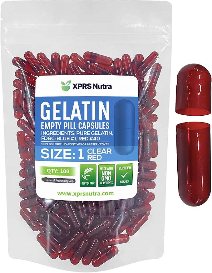 XPRS Nutra Size 1 Empty Capsules - 100 Count Colored Empty Gelatin Capsules - Pill DIY Supplement Capsule Filling - Fillable Color Gel Caps Pills for Do-It-Yourself Supplements (Clear Red)