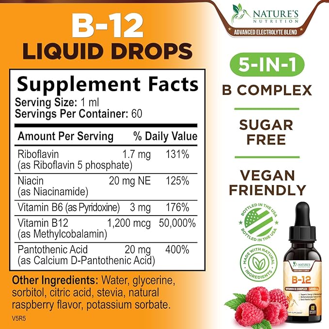 Vegan B-12 Vitamin Supplement Drops (Methylcobalamin) Extra Strength Super B Complex - Sublingual B12 Liquid for Immune Support, Heart Health & Cellular Energy Support, Raspberry Flavored - 2 Fl Oz