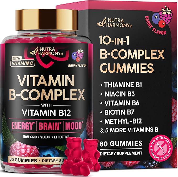 Vitamin B-Complex Gummies for Women & Men - Vitamin B12, B1, B2, B3, B5, B6, B7 & B9 - B Complex with Vitamin C & Choline - Energy, Brain & Mood - Natural Berry Flavor, Vegan - 60 Gummies for 2 Months