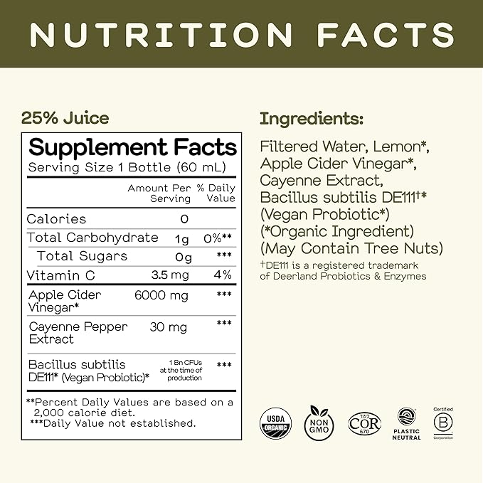 Greenhouse Juice Organic Inside Job Wellness Shots, Cold Pressed Digestive Aid with Apple Cider Vinegar, Lemon, and Cayenne Immunity Shots Juice Vegan & Gluten-Free (2 Oz, Pack of 12)