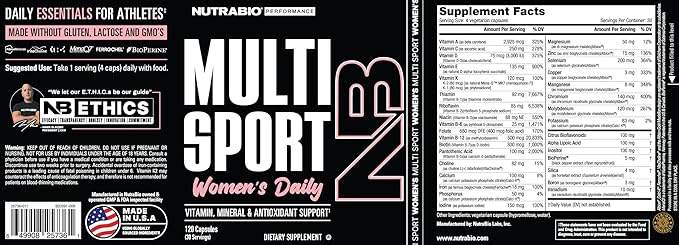 NutraBio Multisport for Women - Womens MultiVitamin - 33 Vitamins, Minerals, Micronutrients - Rich in Antioxidants - Supports Peak Athletic Performance, Energy, Metabolism (120 Vegetable Capsules)