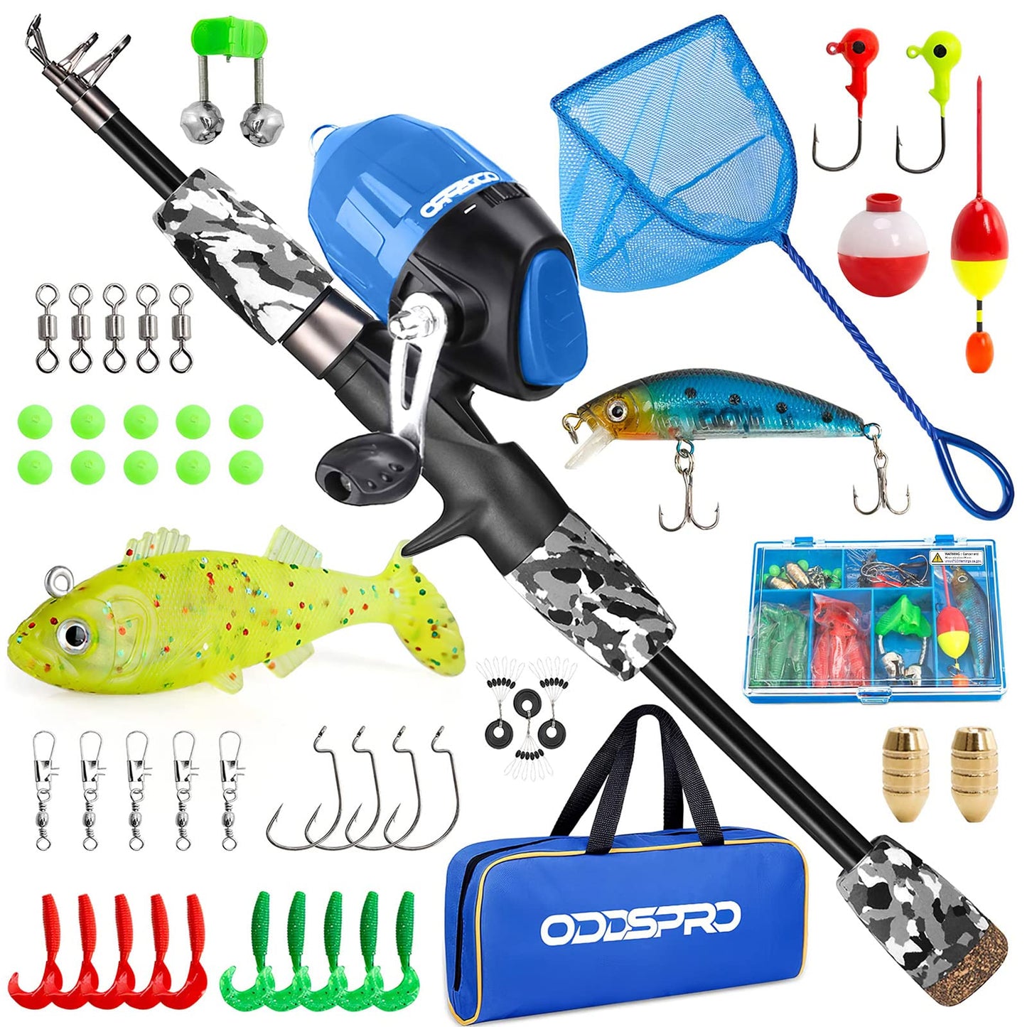 ODDSPRO Kids Fishing Pole - Kids Fishing Starter Kit - with Tackle Box, Reel, Practice Plug, Beginner's Guide and Travel Bag for Boys, Girls