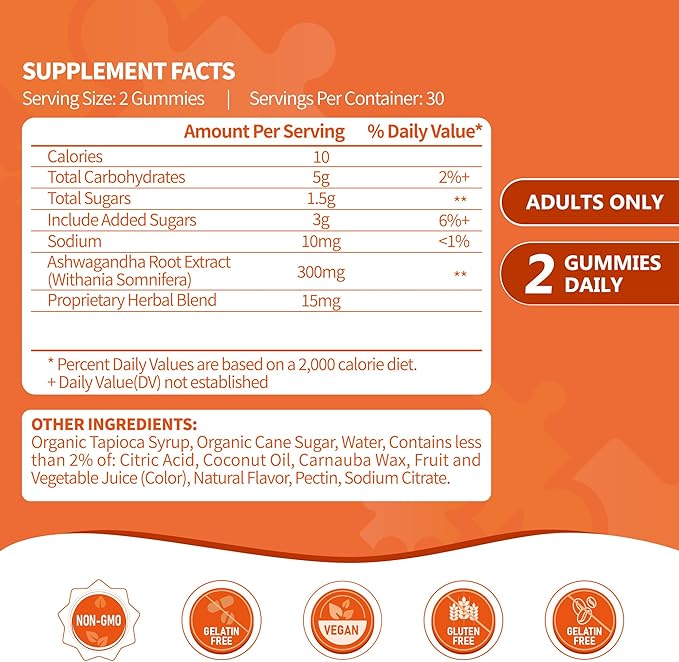 Ashwagandha Supplements Gummies | with 300 mg Ashwagandha Extract | Immune Support & Manage Stress | 60 Vegan Non-GMO Ashwagandha Supplement Gummies for Momen & Man