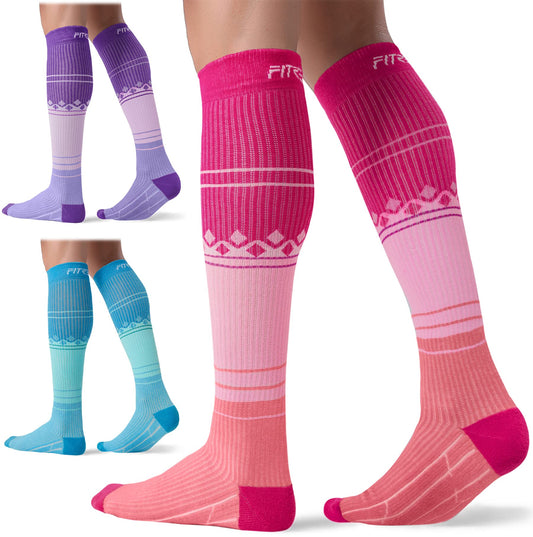 FITRELL 3 Pairs Compression Socks for Women and Men 15-20mmHg- Support Socks for Travel, Running, Nurse, Knee High Socks, Pink+Purple+Blue S/M