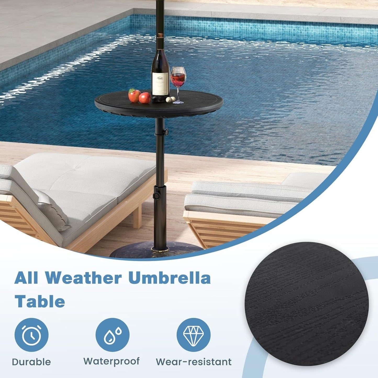 SUPQ Umbrella Pole Table Tray - 20" Outdoor Side Table with 1.5" Umbrella Hole, Height Adjustable Knob, All-Weather PE Matrial, for Patio, Backyard, Deck, Garden, Poolside, Black
