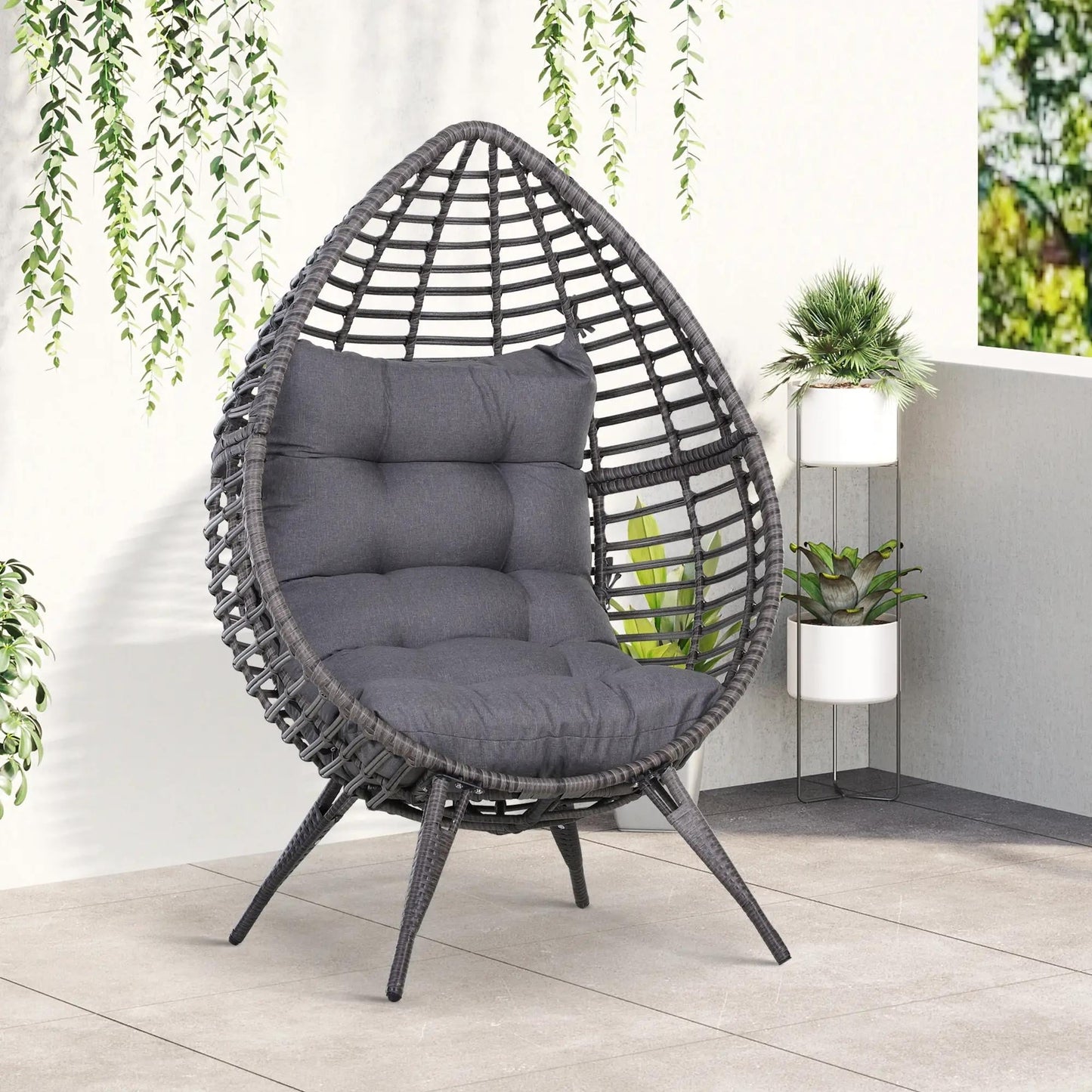 Resenkos Elevated Wicker Egg Chair With Soft Cushion, Teardrop Seat for Indoor/Outdoor Patio Use, Adjustable Height Plastic Rattan Furniture With Padded Feet, Gray