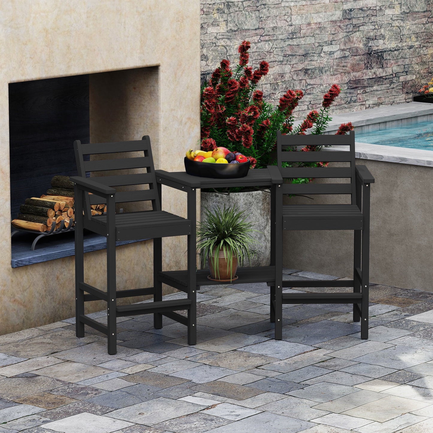 AreShark HDPE Tall Adirondack Chair Set with Removable Double Trays (Set of 2) Black