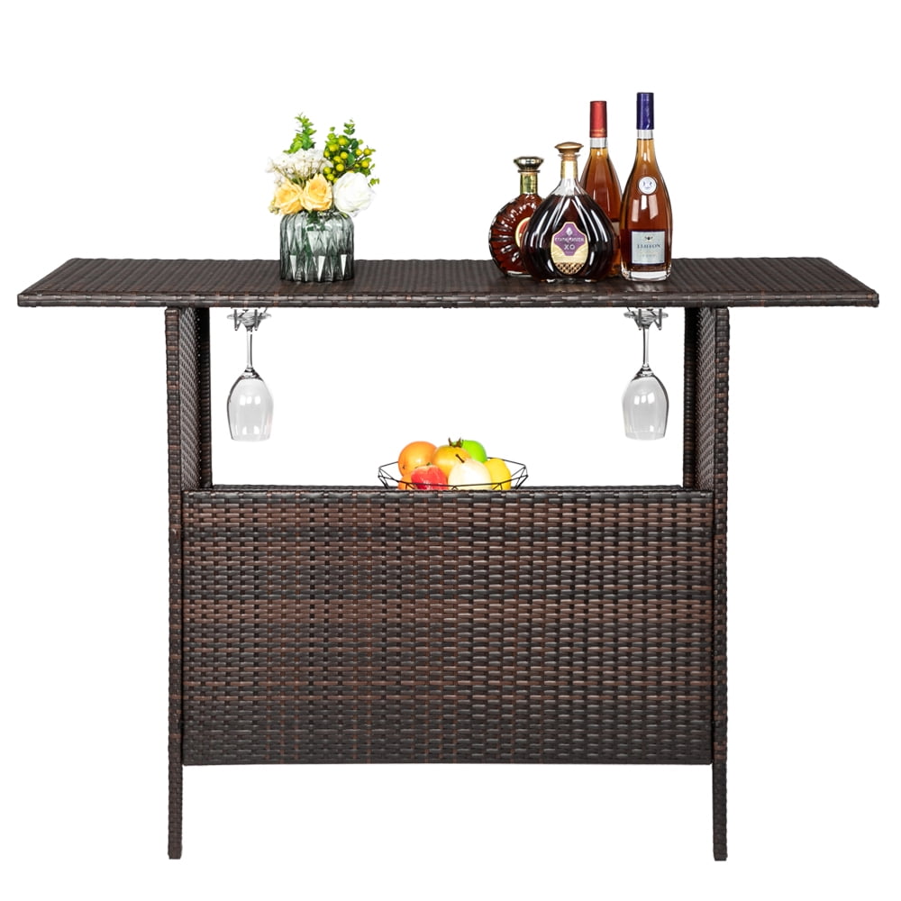 Funnil Patio Rattan Wicker Bar Height Counter Table, Outdoor Patio Furniture Wicker Bar Buffet Table, with 2 Storage Shelves and Wine Glass Racks, Brown