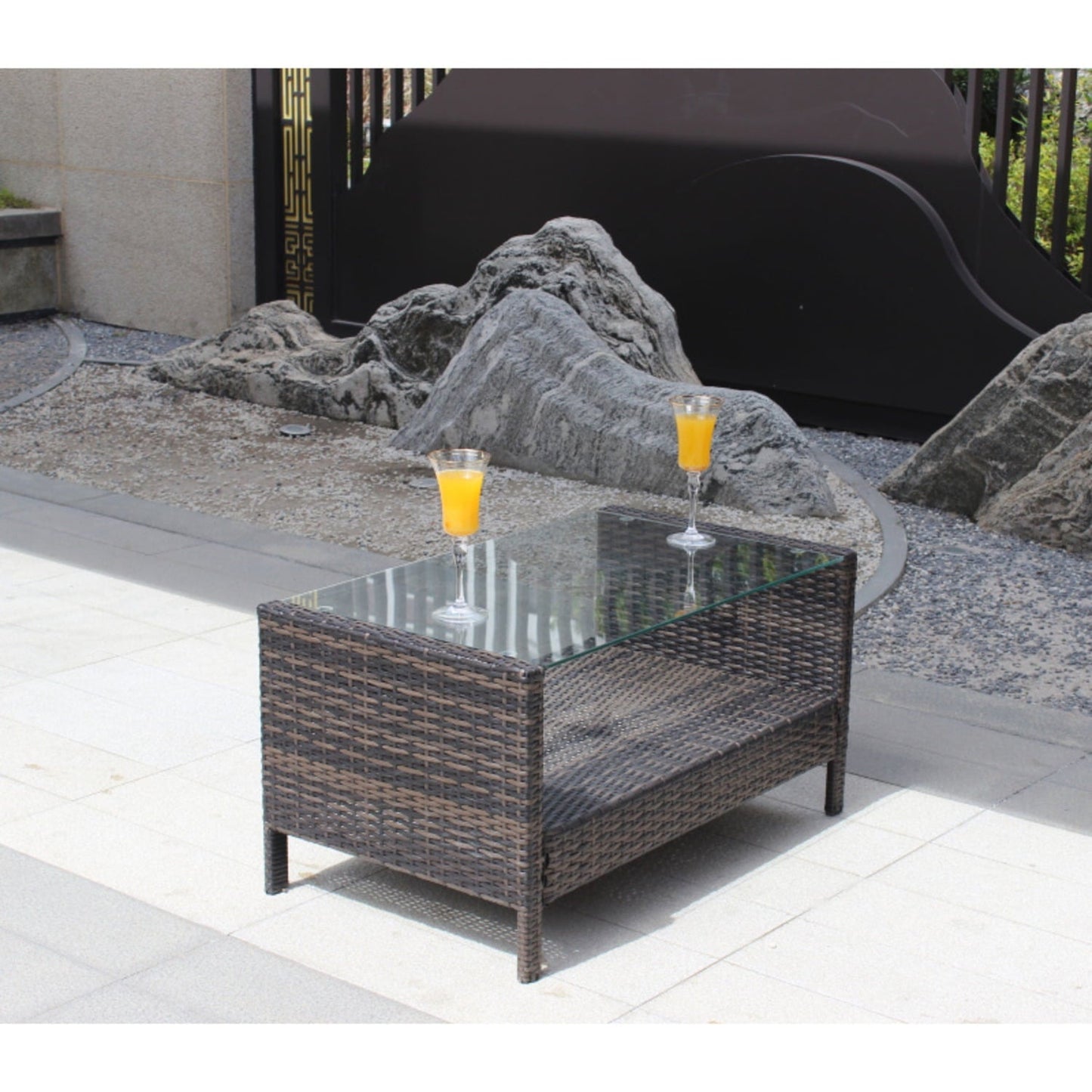 DIANJIE Outdoor Patio Furniture Coffee Table with Clear Tempered Glass