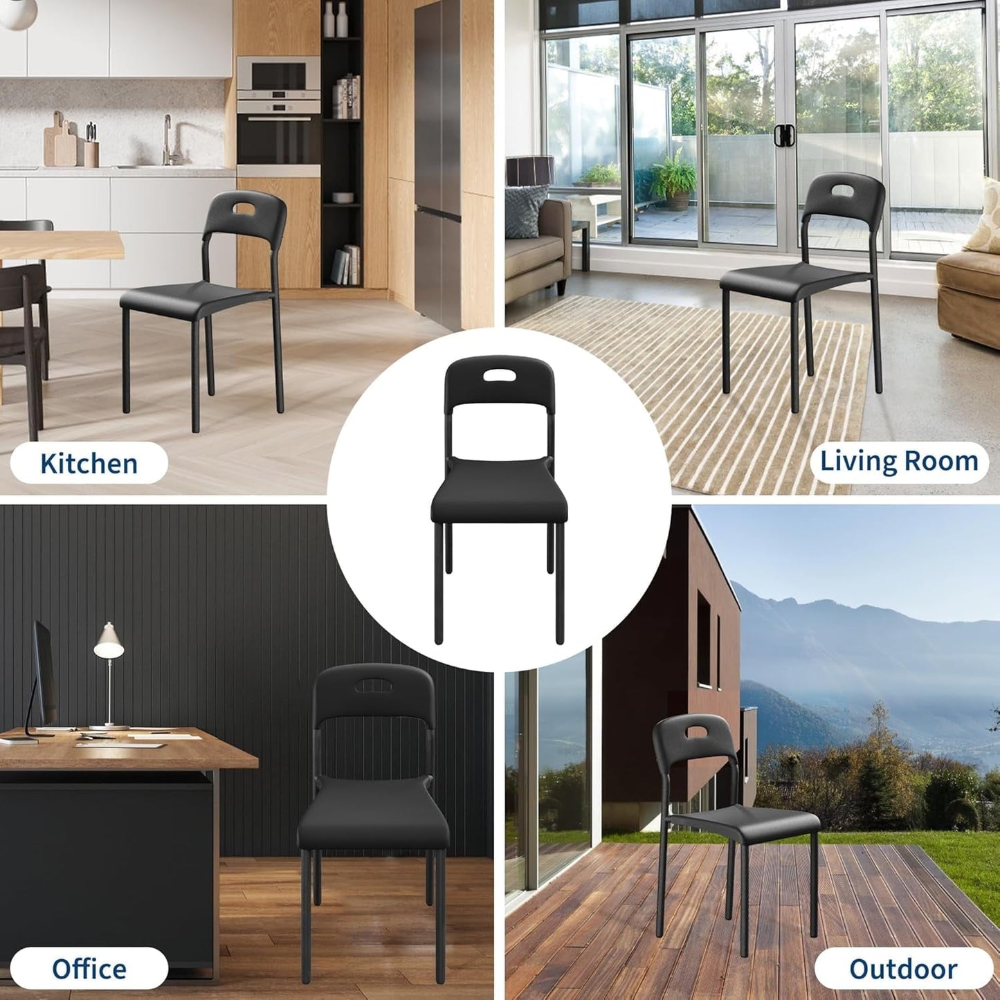 Dining Chairs, Stackable Modern Kitchen Chairs, Plastic Dining Room Chair with Metal Legs, Easy Assembly, Waterproof & Stain-Resistant, Suitable for Indoor and Outdoor, Black