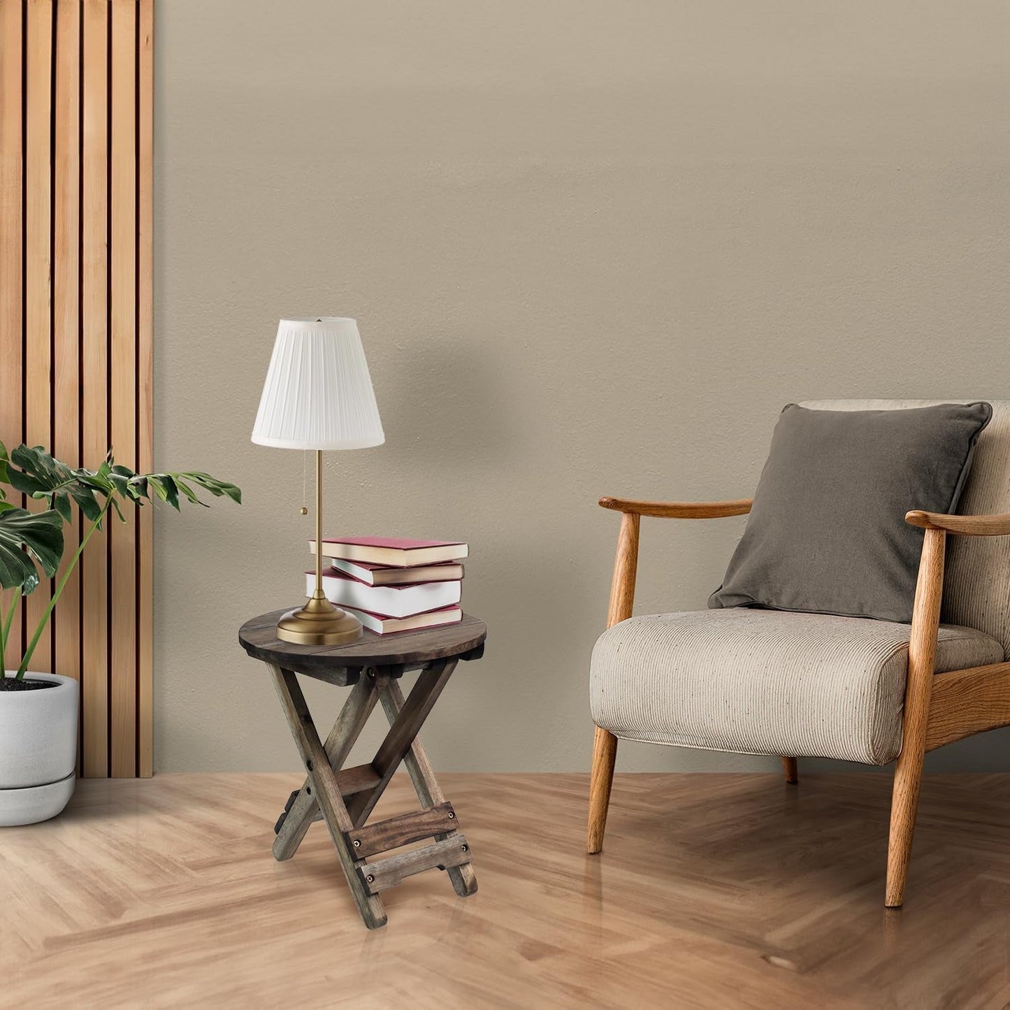 Small Patio Table, Outdoor Folding Side Table, Portable Accent Coffee End Table, Wood Top for Living Room, Bedroom (Round - Walnut-Set of 2)