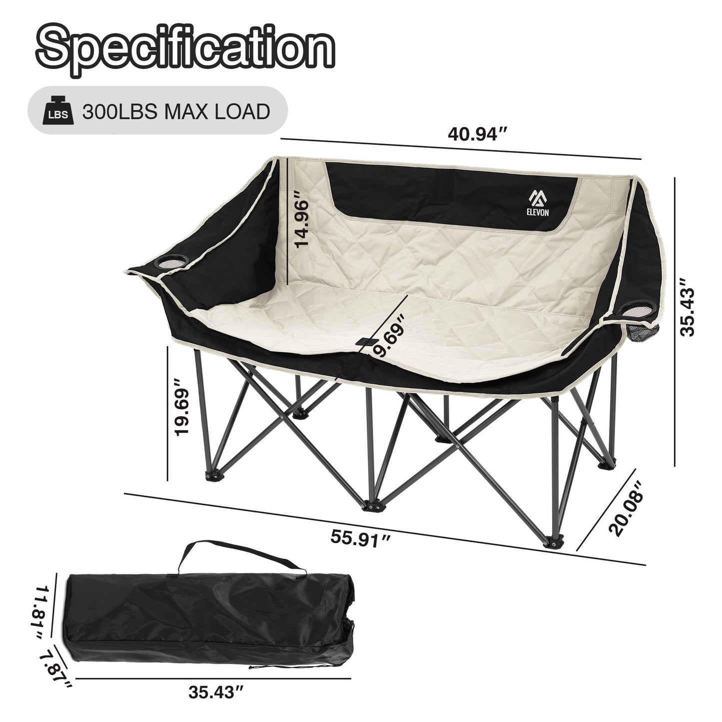 BalanceFrom Oversized Double Camping Chair，2-Person Heavy-Duty Folding Loveseat，Portable Outdoor Chair，with Armrests, Cup Holders & Carry Bag, for Camping, Picnic, Backyard
