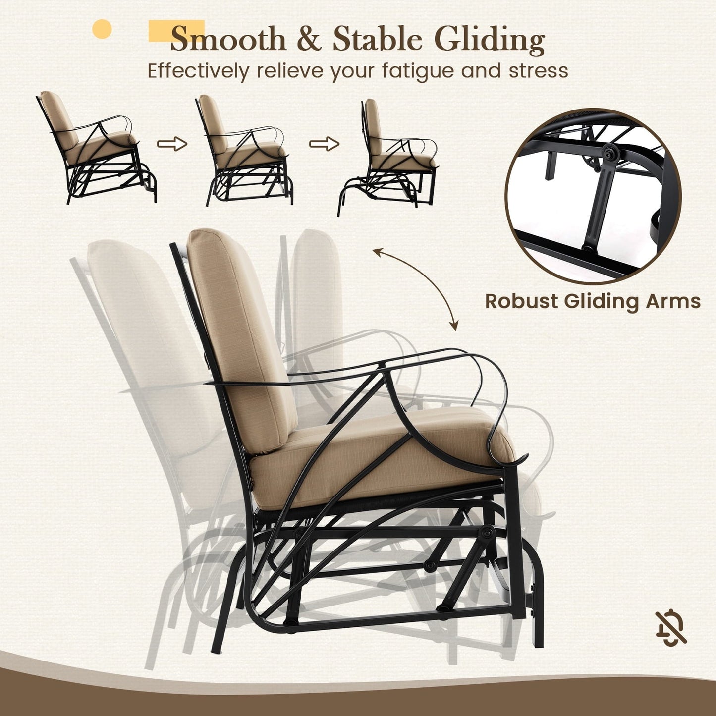 Topbuy 2 Pcs Outdoor Glider Chair Smooth Rocking Single Chair w/ Thick Cushions & Heavy-Duty Metal Frame Tan