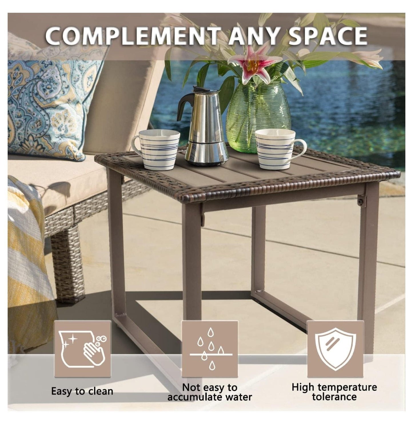 Outdoor Wicker Rattan Side End Tables for Patio Set of 2, 2 PCS Square Outdoor Patio Furniture End Table for Porch Lawn Garden Balcony Pool Bistro, Brown