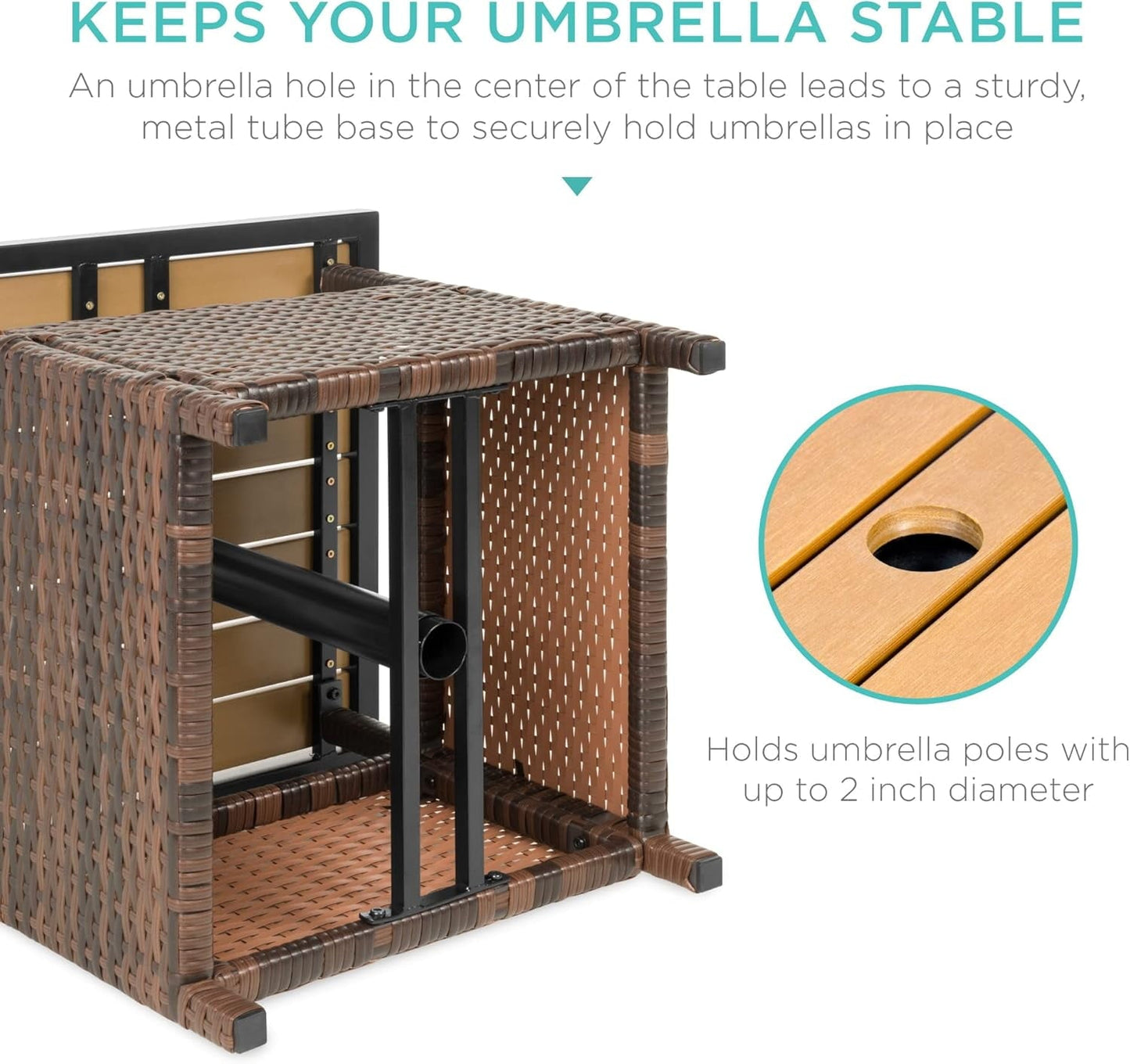 SUPQ Wicker Side Table with Umbrella Hole, Square PE Rattan Outdoor End Table for Patio, Garden, Poolside, Deck w/UV-Resistant Frame, Storage Space - Brown