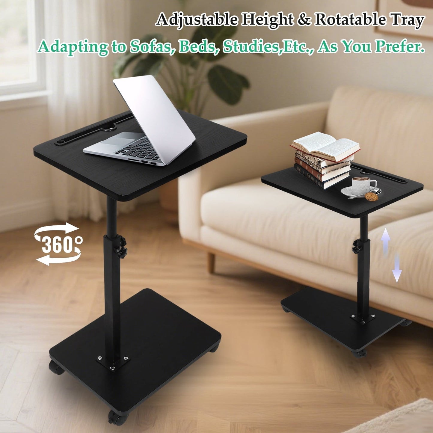 KFeng C-Shape Swivel End Table - Height Adjustable for Couch/Bed/Chair  (Black,Wheel)