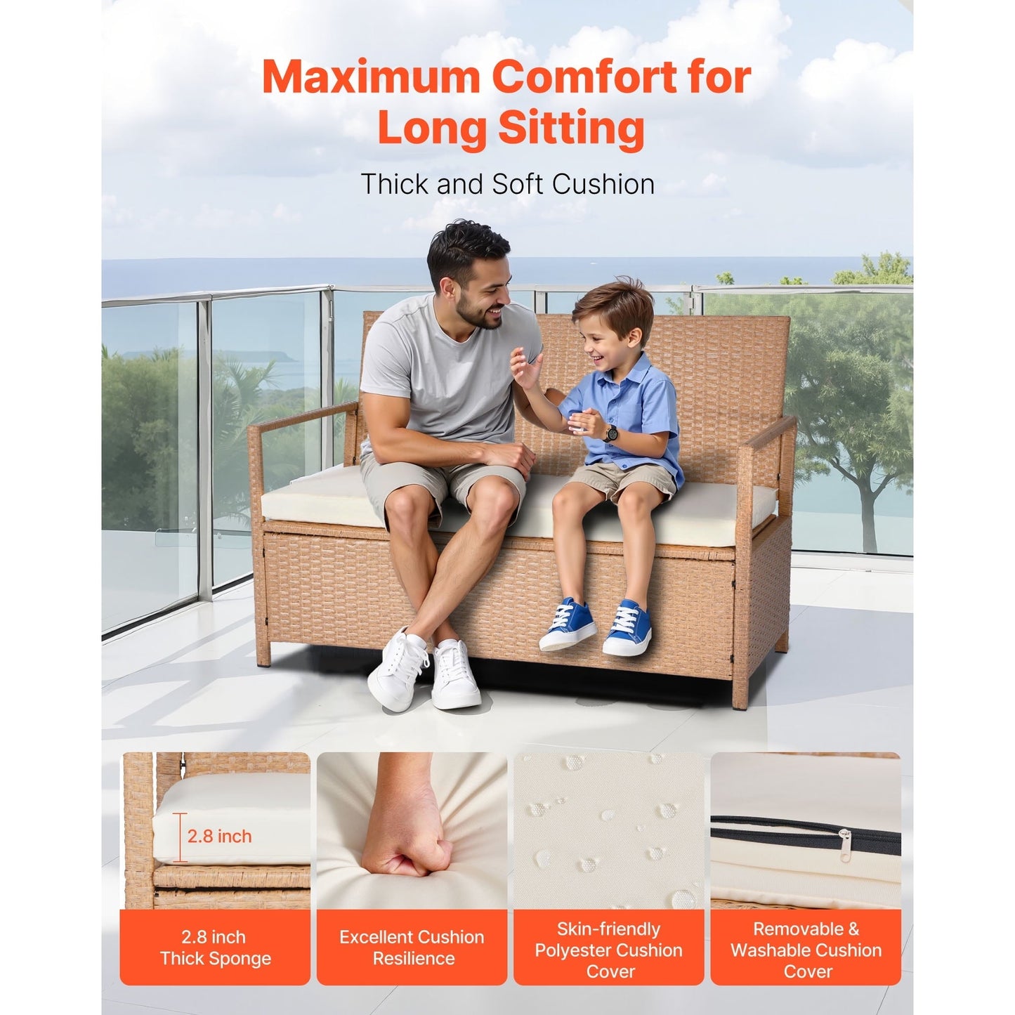 KFFKFF Outdoor Storage Bench, 2-Person PE Rattan Deck Box with Cushion, 70-Gallon Capacity, Supports up to 265 lbs, Weather-Resistant Seating for Patio, Garden, Balcony, or Yard