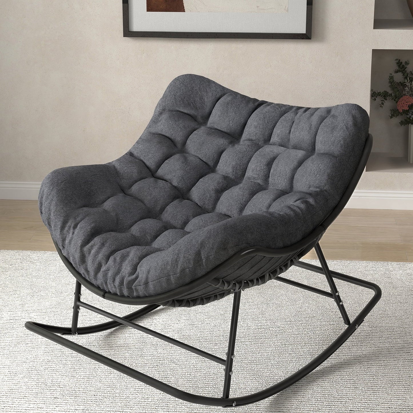 Micleed Papasan Rocking Chair Outdoor, Indoor Wicker Rocking Chair with Cushion, Oversized Rocker Egg Patio Lounge Chairs - Grey