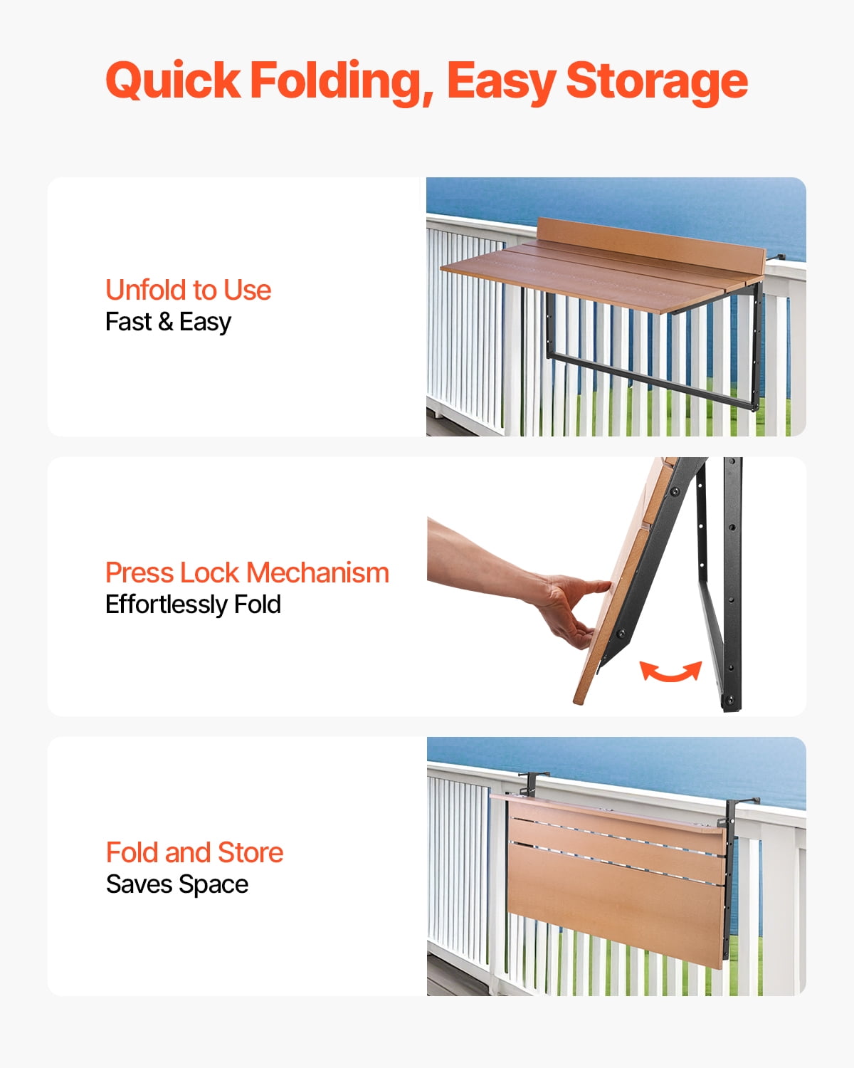 VEVOR Balcony Hanging Table, 15 x 39 in Folding Balcony Railing Table, Outdoor Balcony Bar Table for Railings, 5-Level Adjustable, Fit Railing from 1" to 5.3", Serving Table for Patio & Deck