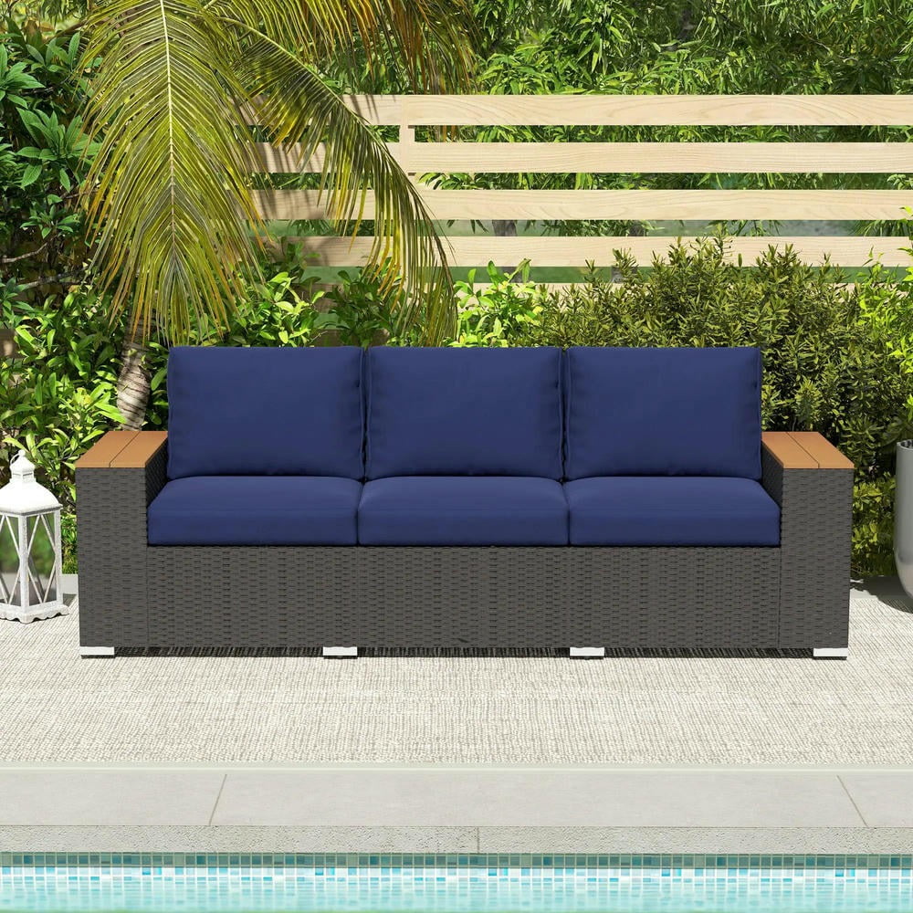 Barara King Patio Outdoor Sofa,3-Seat Outdoor Patio Sofa with Cushions, PE Rattan Wicker Sofa with Wide Armrests, Outdoor Wicker Couch, Navy Blue