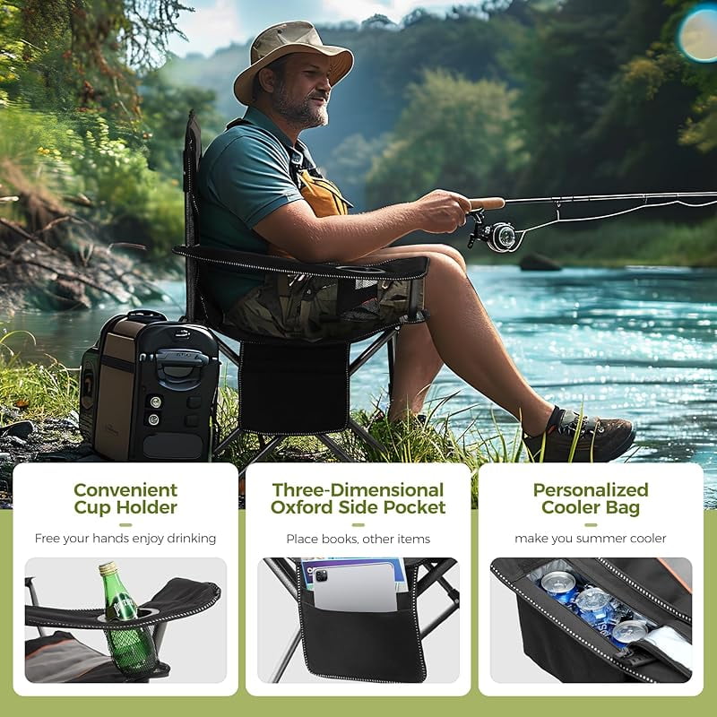 Oversized Camping Folding Chair, Heavy Duty Support 450 LBS Steel Frame Collapsible Padded Arm Chair with Cup Holder Quad Lumbar Back, Portable for