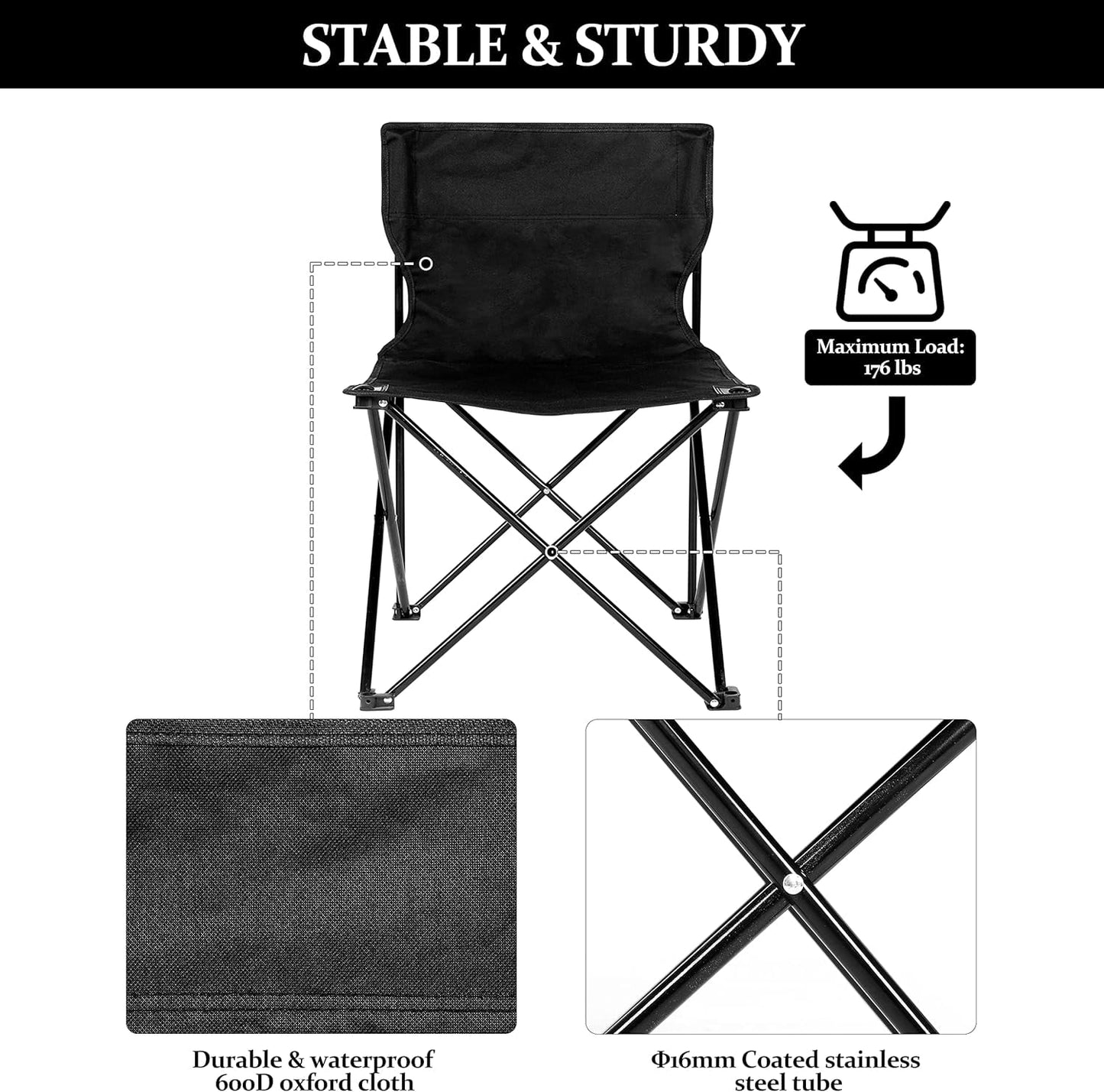 Folding Camping Chair for Adult with Carry Bag,Collapsible Anti-Slip Padded Oxford Cloth Stool for Hiking, Fishing,Picnic,Black,L