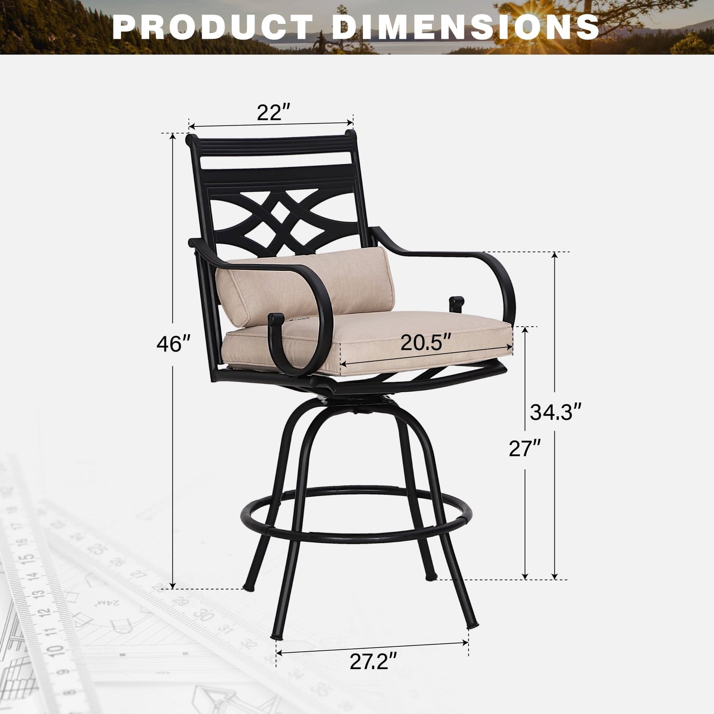 Summit Living Outdoor Swivel Bar Stool Set of 7, 6 Patio Barstool Height Chairs with Seat and Back Cushions & 1 Metal Steel Bar Table with Umbrella Hole, Black & Beige