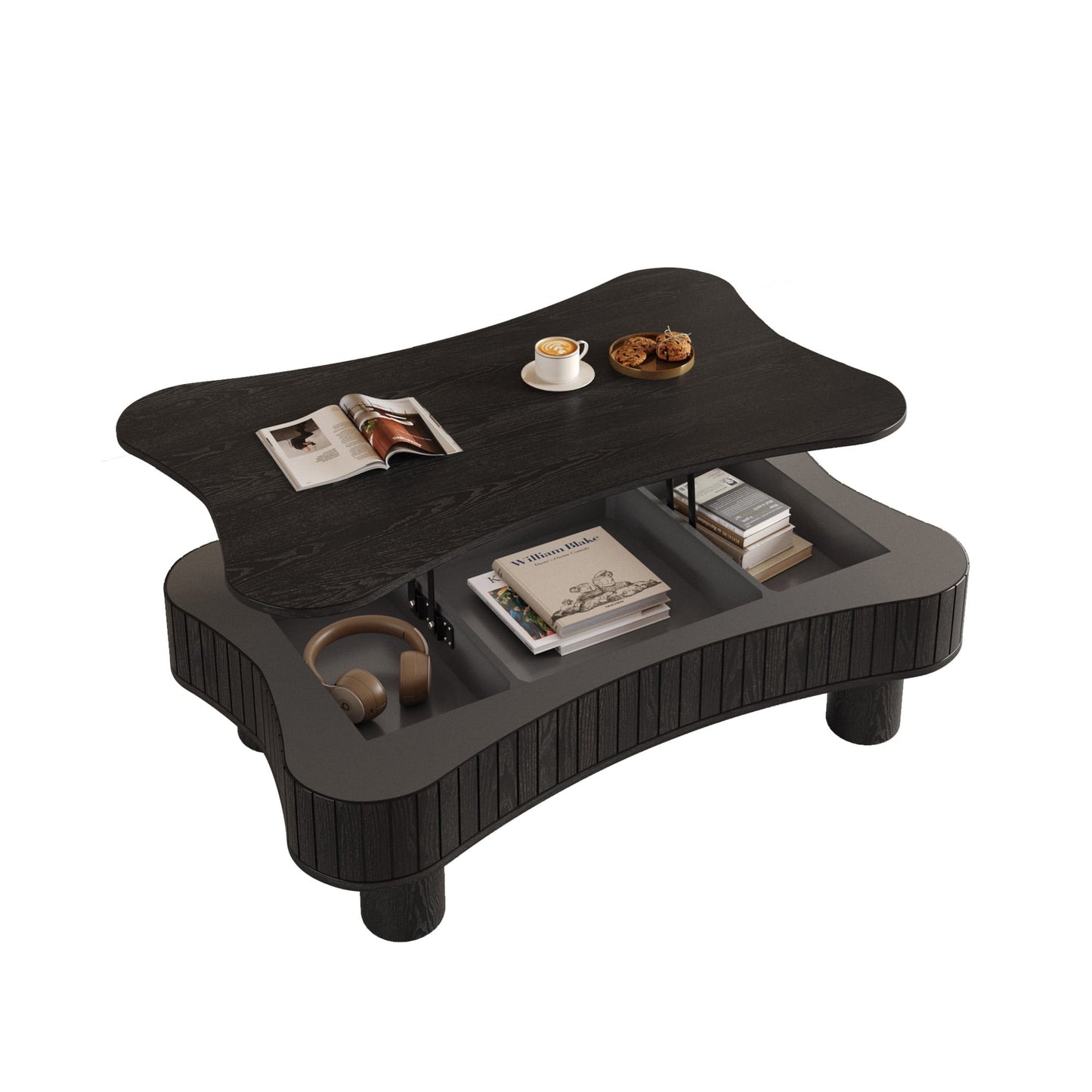 Lift Top Coffee Table for Living Room 42" - Fluted Panel Hidden Storage, Silent Hydraulic Lift, Curved Safety Corners, 5 Min Assembly (27"W X 13-18.9"H, Black)