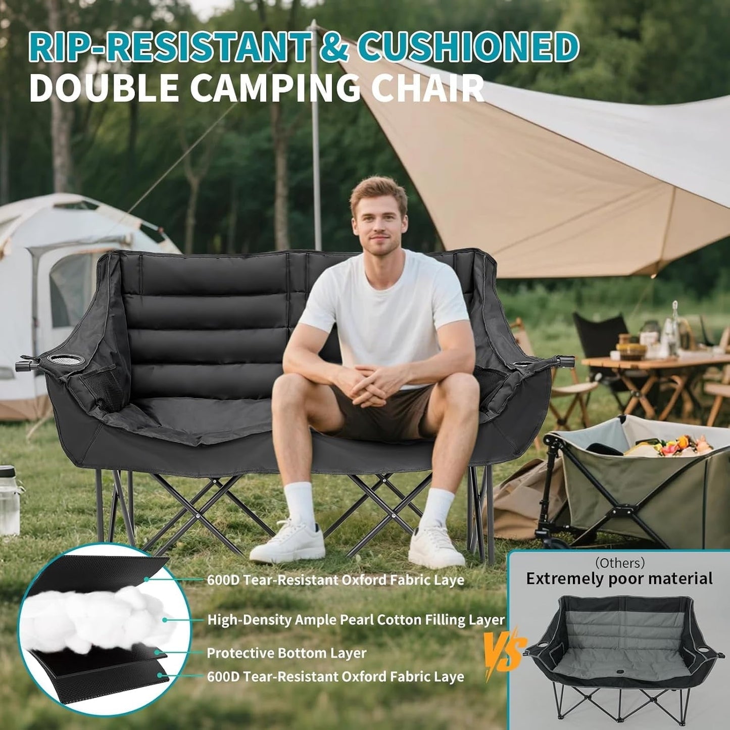 Zikebtuy Double Camping Chair for 2 Person - Oversized Padded Folding Loveseat - Portable Camping Couch Heavy Duty Lawn Chairs for Outdoor Beach - Support 500LBS