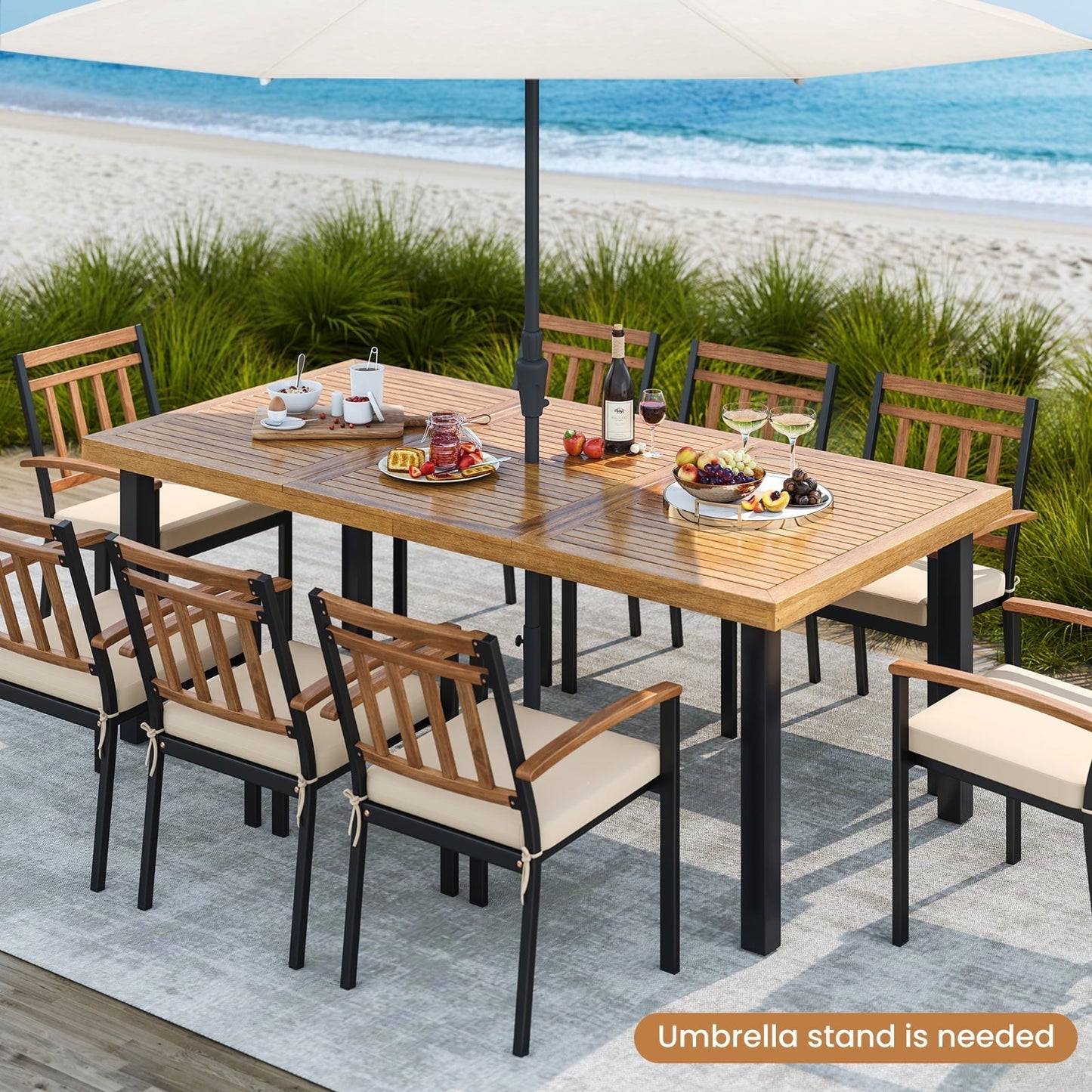 Topbuy Acacia Wood Dining Table for 8 People, 79" Large Rectangular Patio Table with Built-in Umbrella Hole