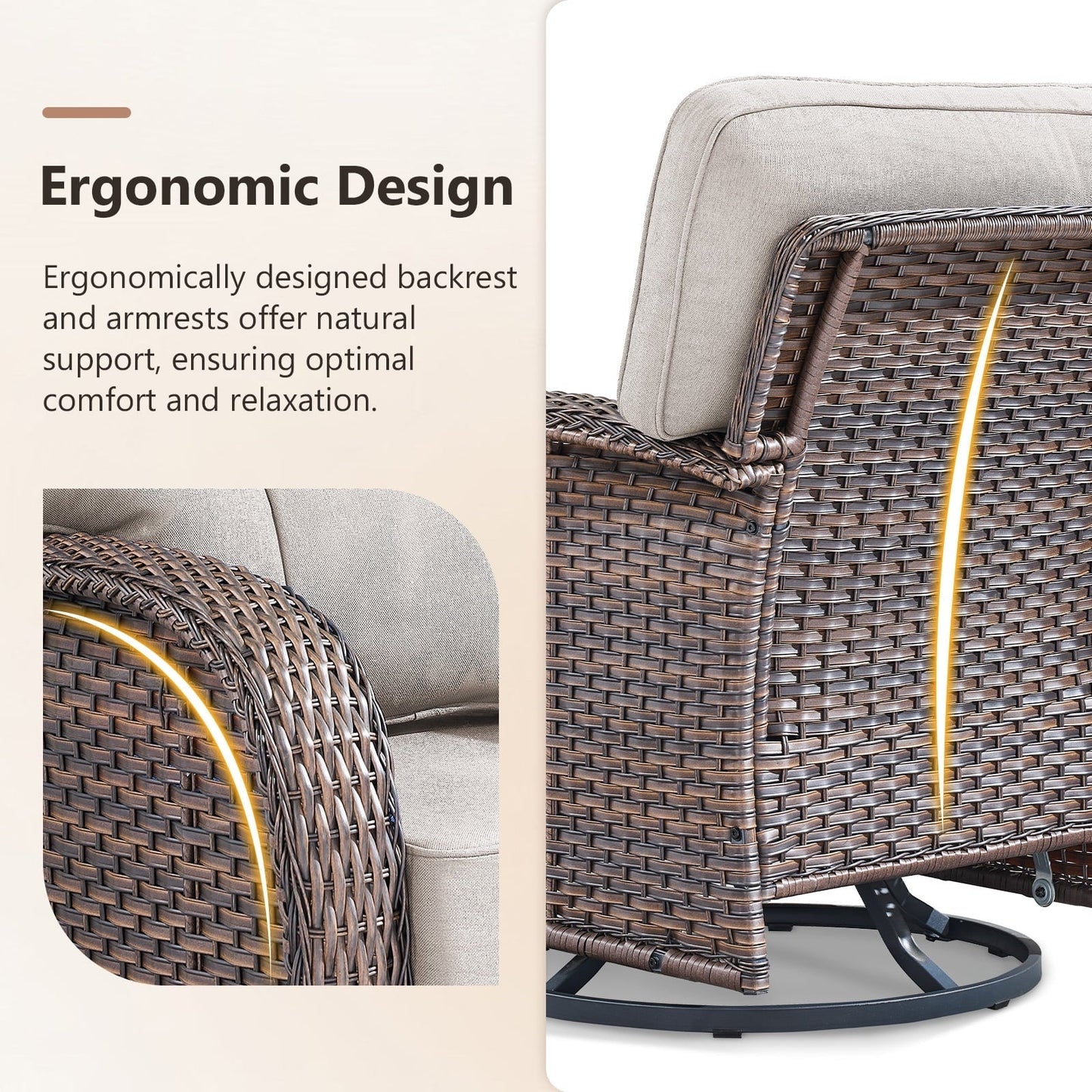 POCASSY Swivel Patio Chairs Set of 4, Wide Backrest Outdoor Swivel Glider Rocking Chairs with All Weather Brown Wicker with Comfort 5" Thick Cushion for Porch Balcony, Gray Cushion