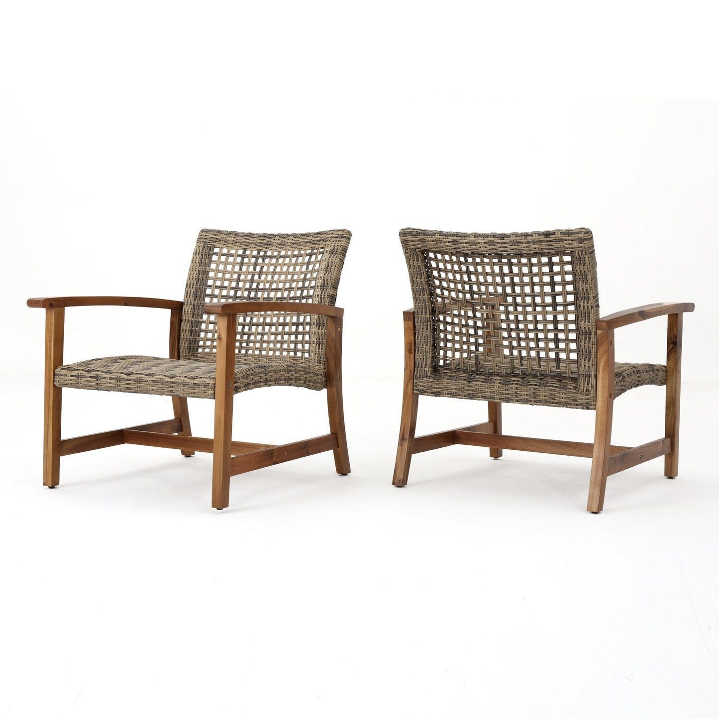 Outdoor Club Chair Set of 2, Outdoor PE Wicker Chair with Wicker Seat & Backrest, Wood Patio Club Chairs for Garden Lawn Backyard
