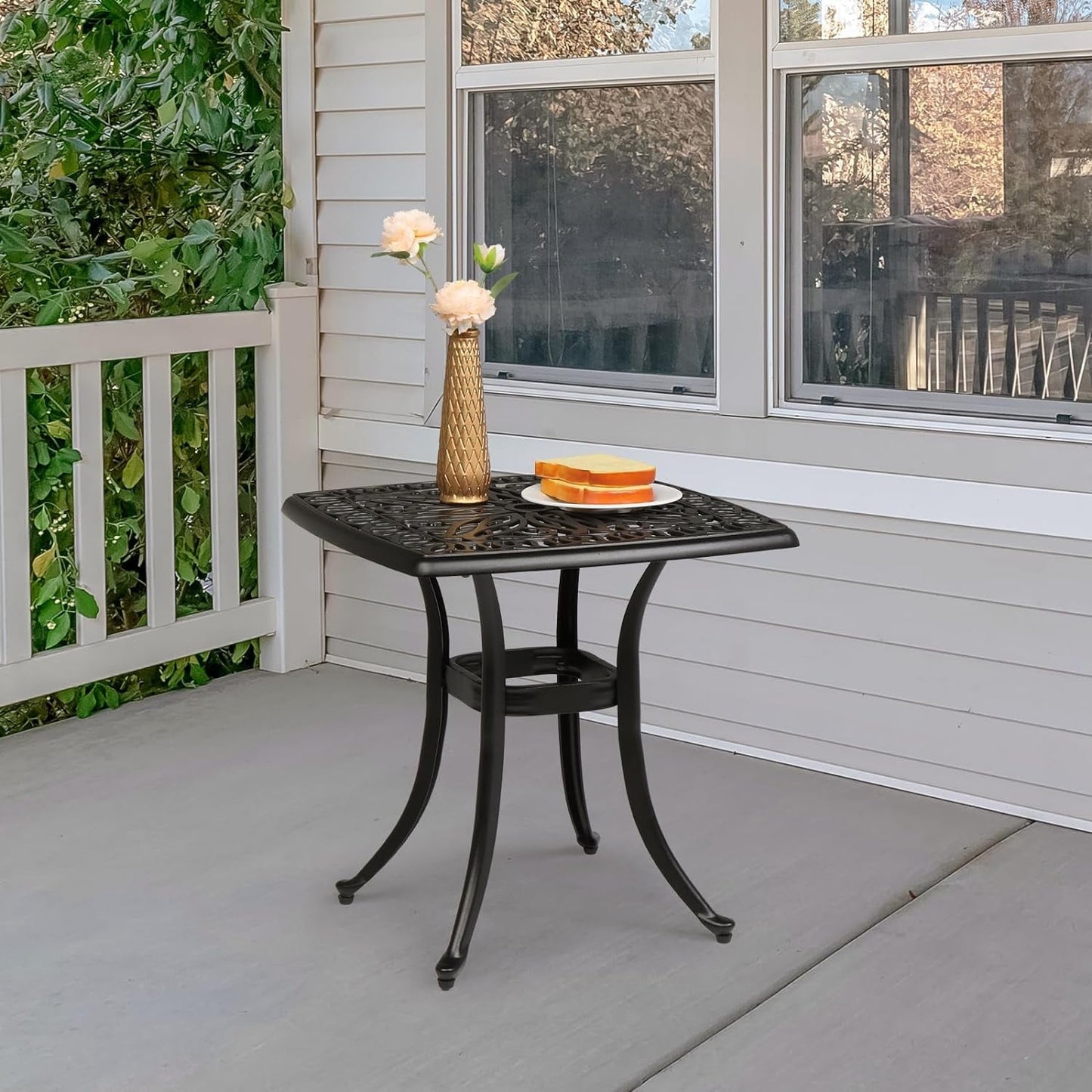 SUPQ 21" Cast Aluminum Patio Table with Umbrella Hole - All Weather, Porch End Table (Black),Square